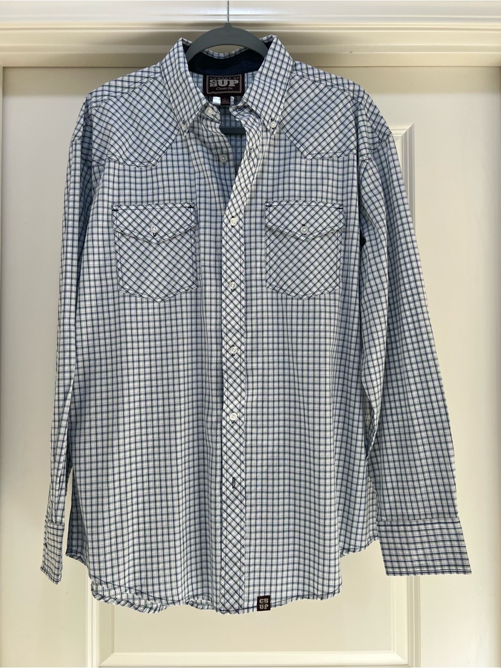Men's White and Blue Checked Button-Down Shirt